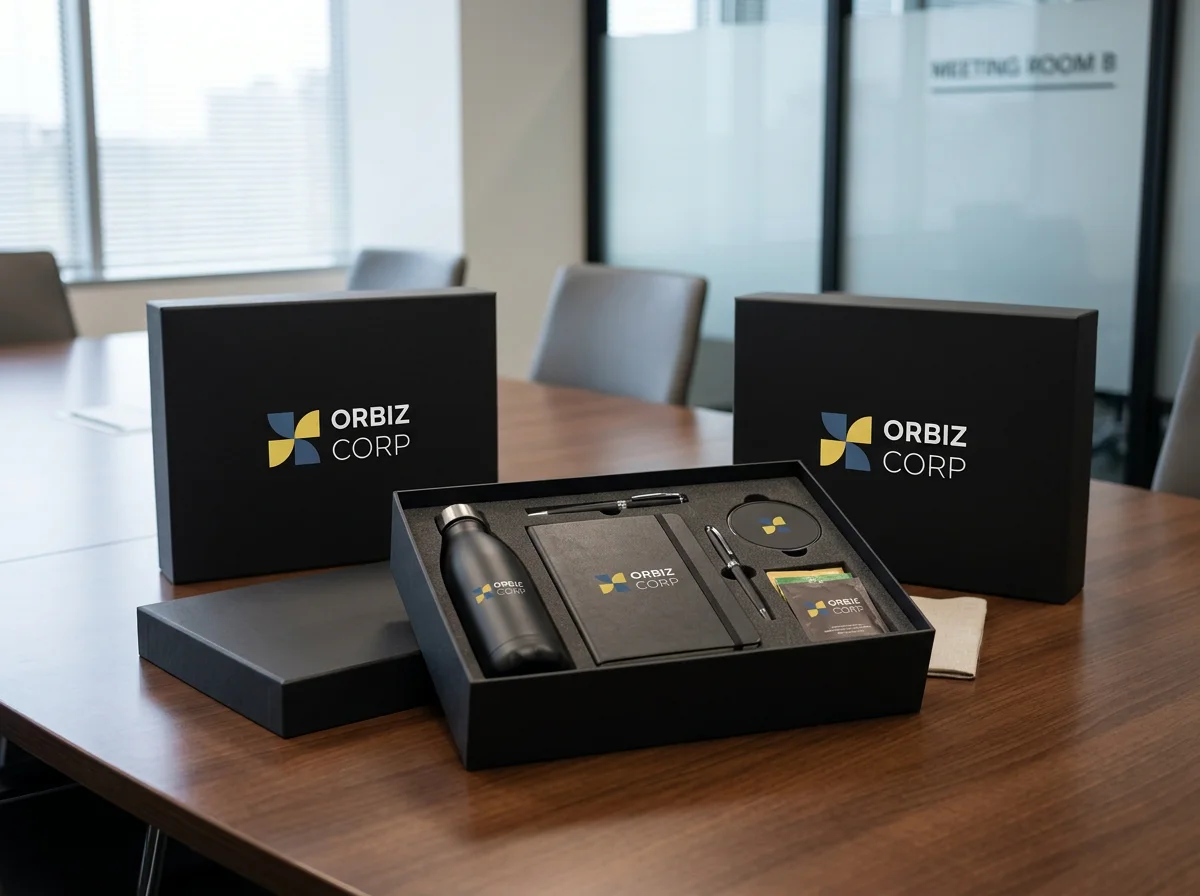 Coordinated corporate gift set with drinkware, stationery and accessories in branded boxes